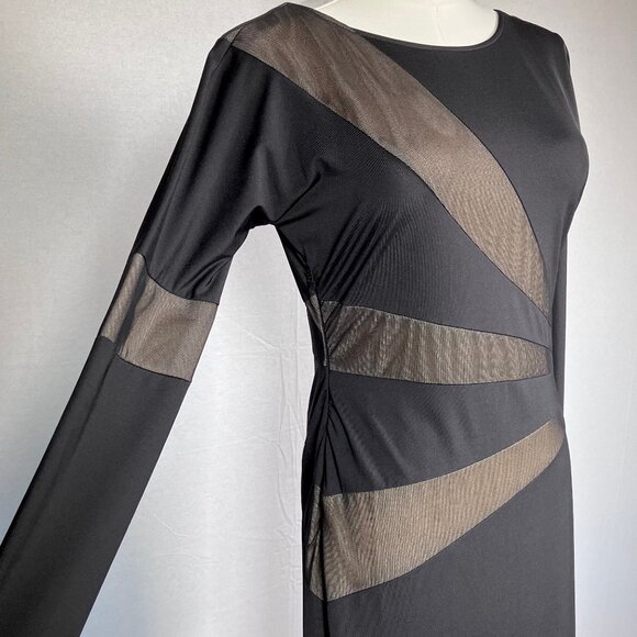 Black & Nude Mesh Sunburst Asymmetrical Long Cocktail Dress 8 - Picture 3 of 9